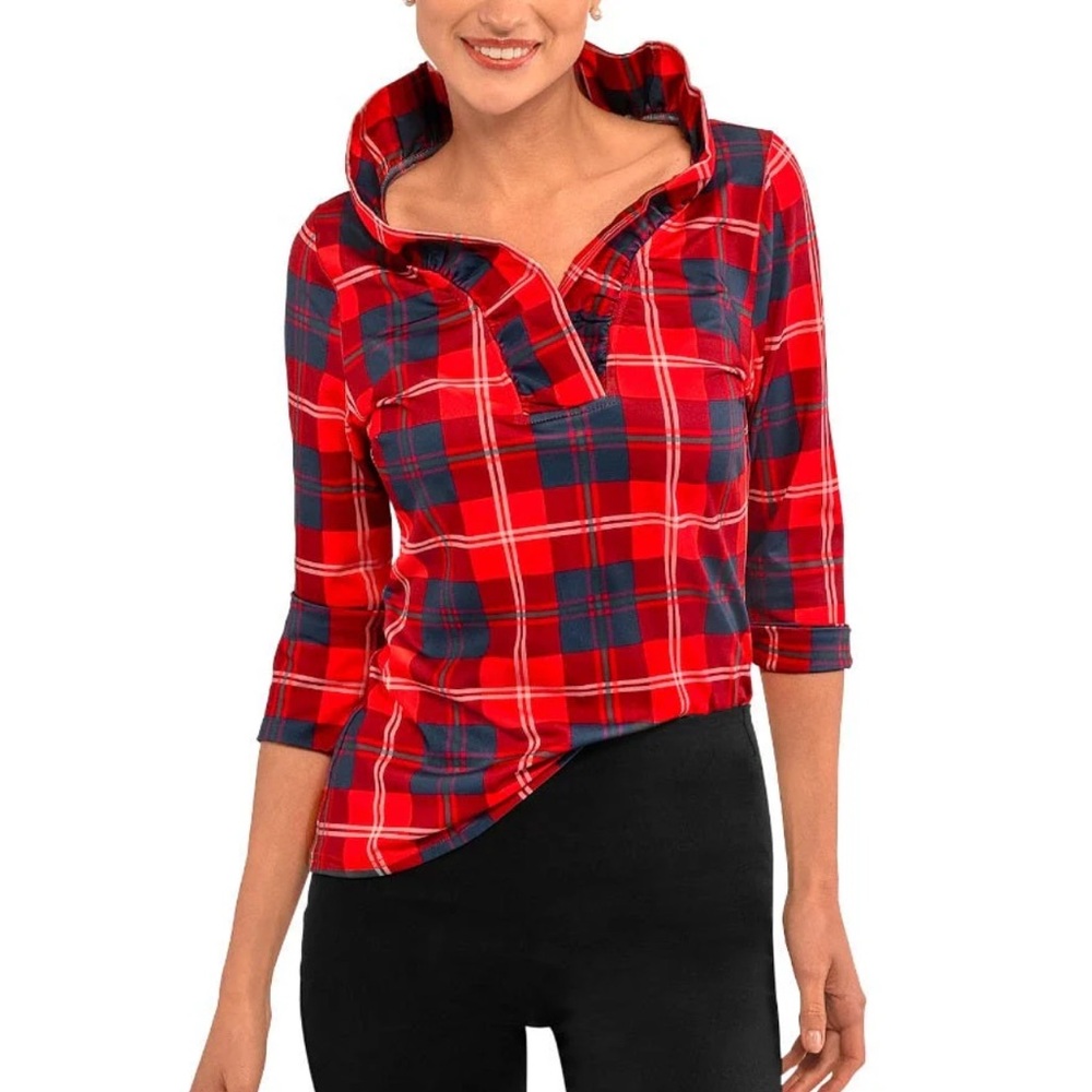 NWT Gretchen Scott Middleton Ruffle Neck Plaid Red and Blue Women's Top XL